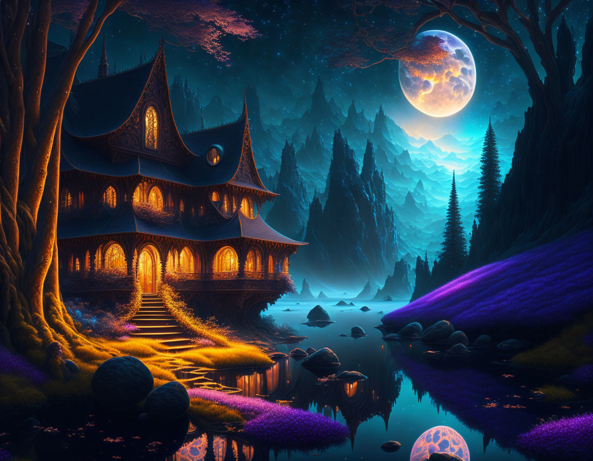 Mystical night landscape with illuminated house, river, and moonlit mountains