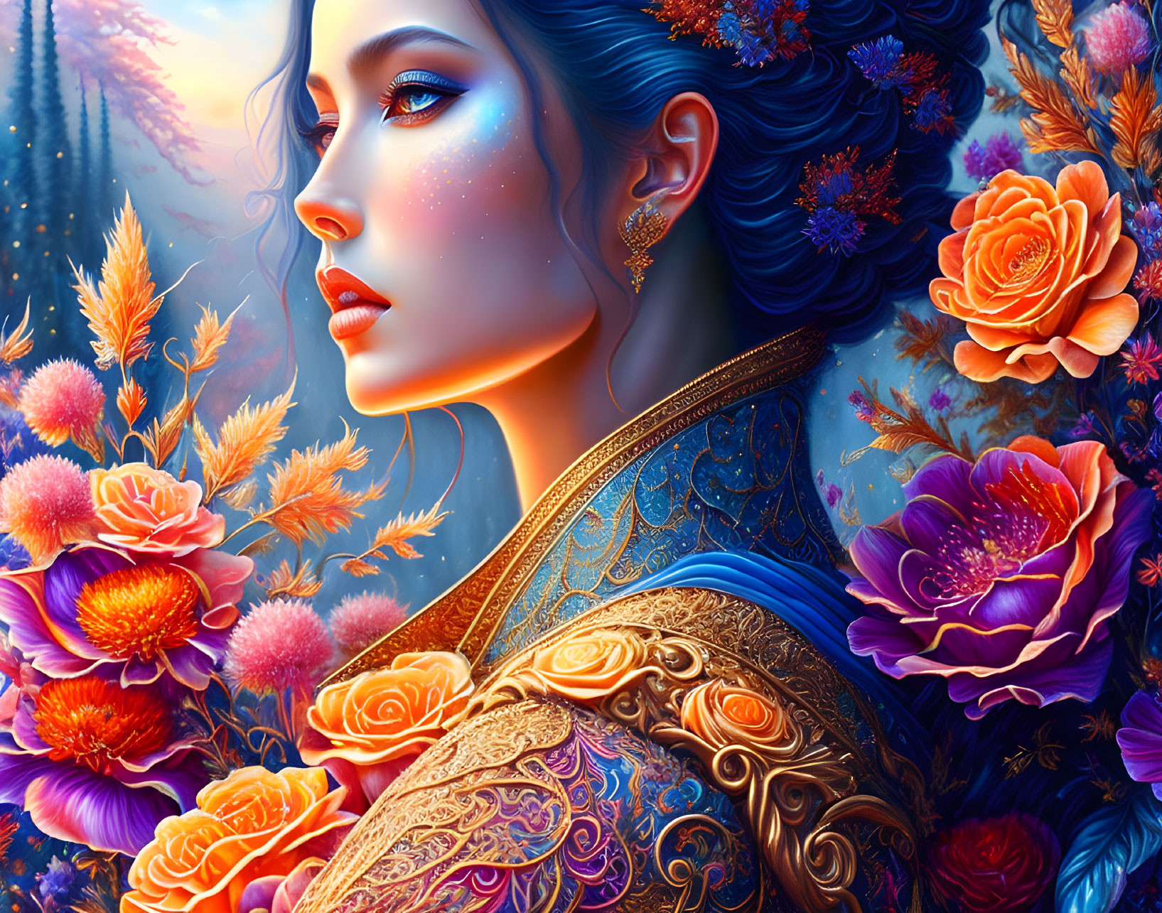 Vivid digital art: Woman with blue skin in ornate golden attire, surrounded by flowers