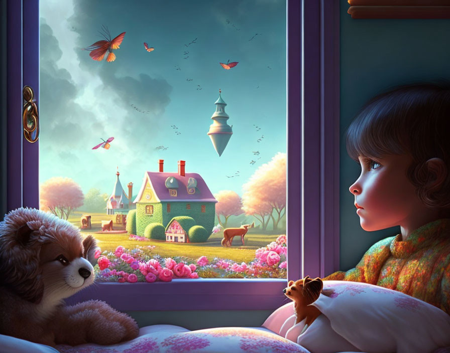 Child and plush toy gaze at whimsical landscape with floating tower and vibrant animals