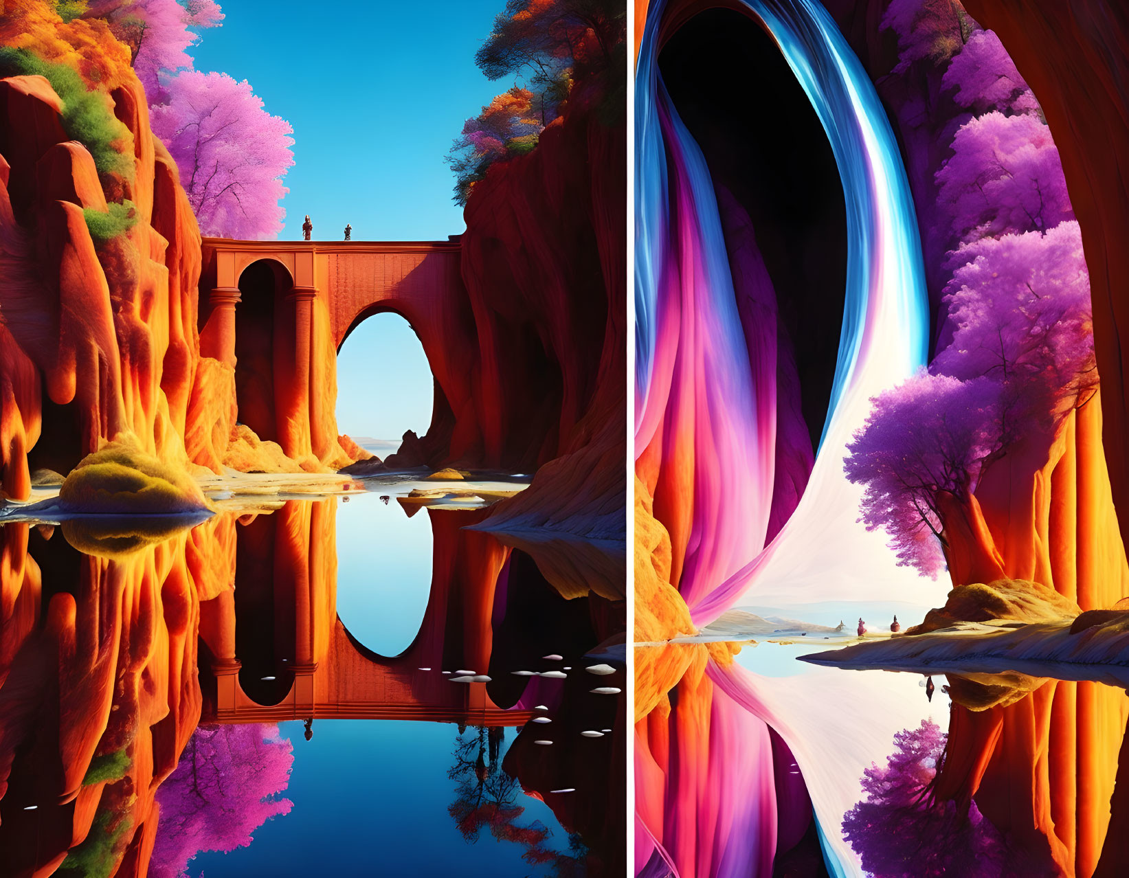 Colorful Surreal Landscape with Trees, Bridge, and Waterfall