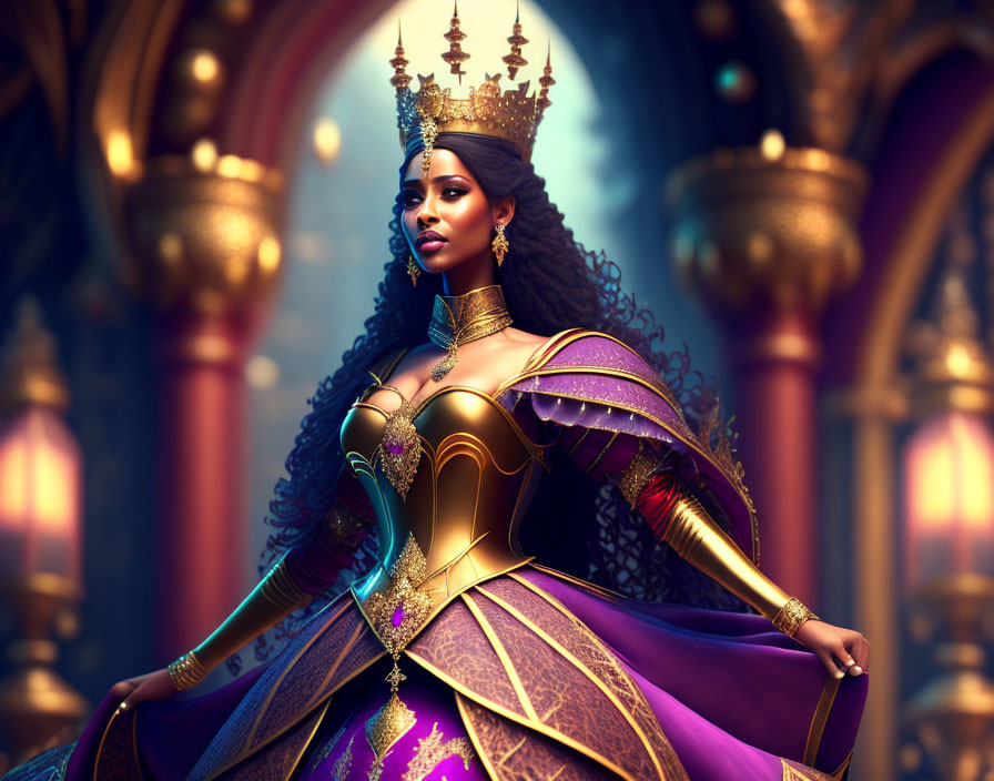 Regal woman in golden armor and crown exudes power.