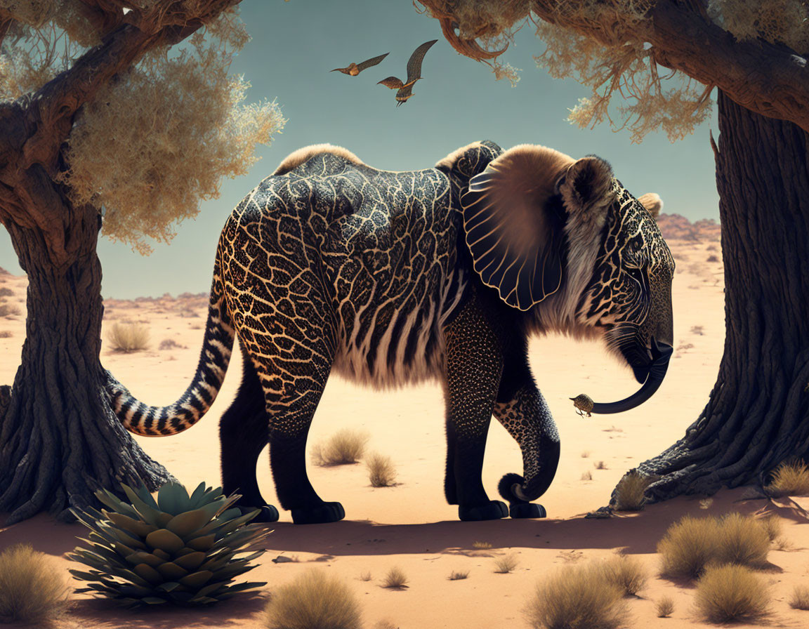 Surreal image: elephant with leopard skin and fur in desert with flying birds