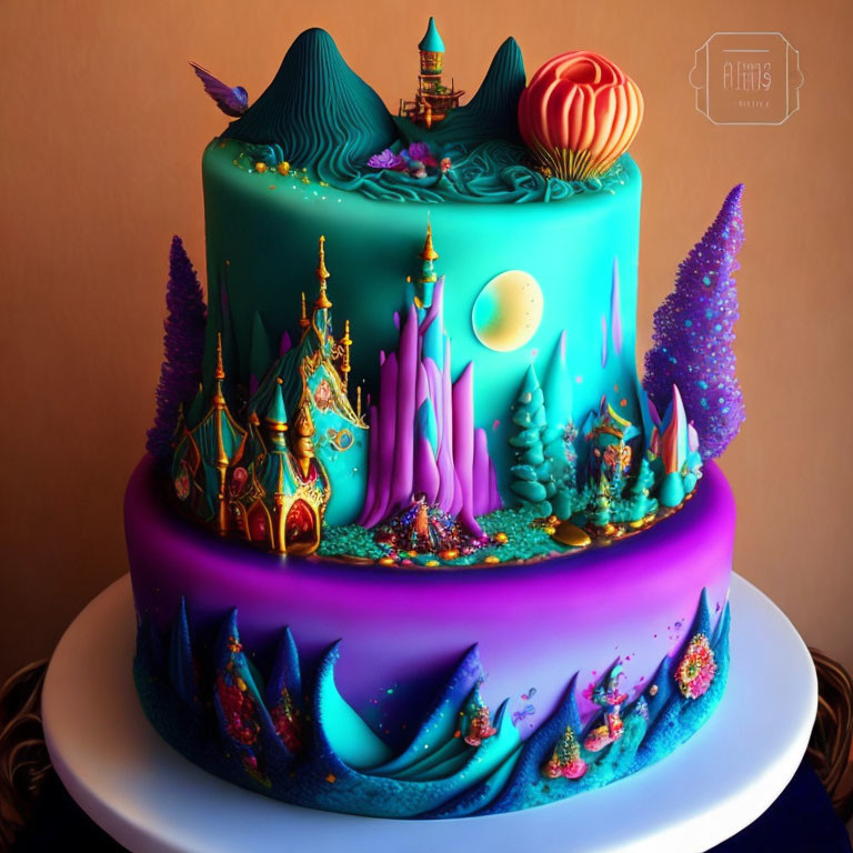Fantasy-themed cake with underwater, forest, mountain layers under starry sky