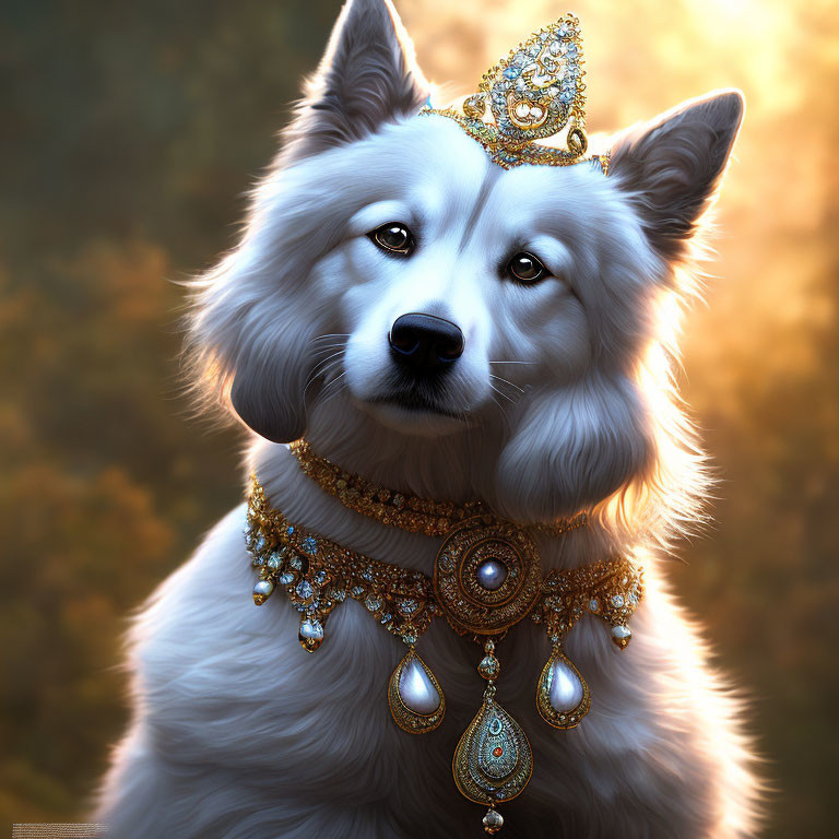 White Dog Wearing Crown and Necklace in Autumn Scene