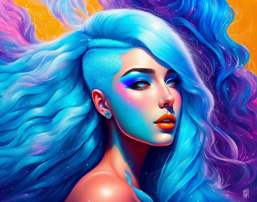 Vibrant blue hair woman illustration on orange background