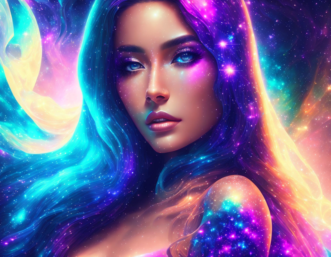 Cosmic-themed surreal portrait of a woman with vibrant nebulae swirls