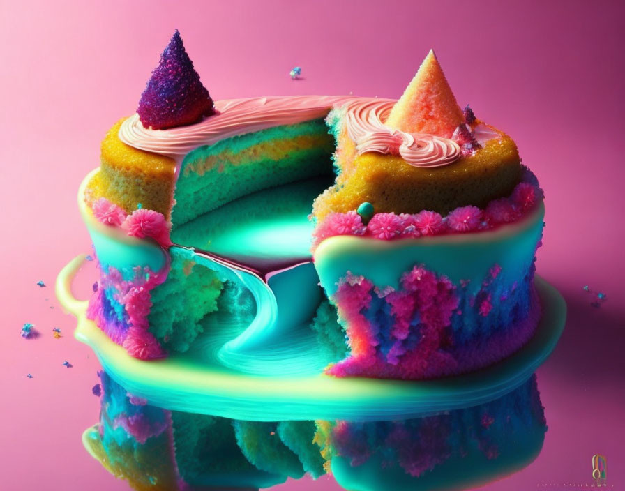 Colorful Cake with Slice Removed on Pink Background: Blue and Pink Layers, Decorative Crumbs