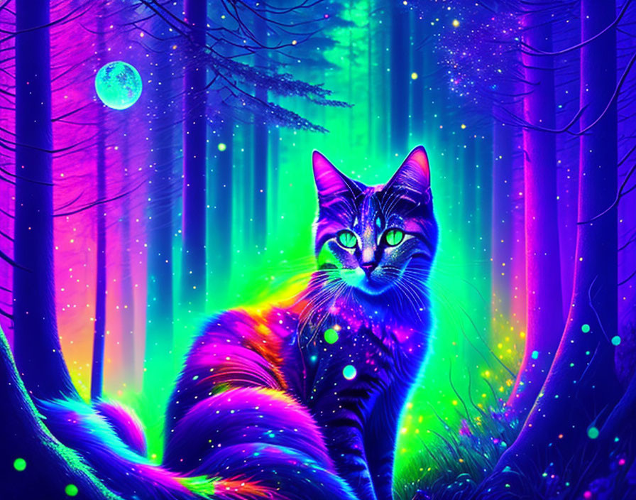 Neon-colored cat illustration in mystical forest under purple sky