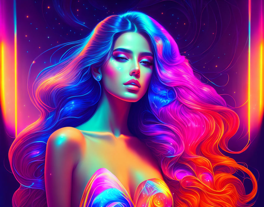 Colorful digital artwork: Woman with flowing neon hair in cosmic background.