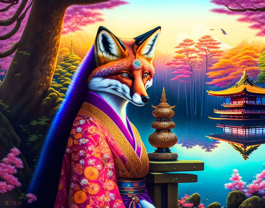 Anthropomorphic fox in Japanese attire with pagoda and cherry blossoms