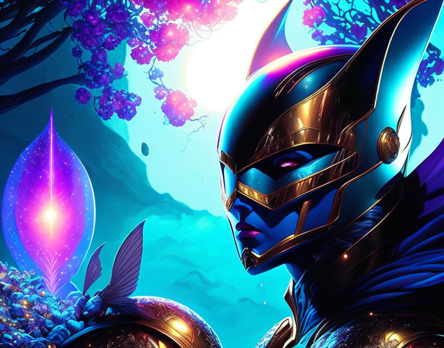 Futuristic warrior with glowing purple helmet in cosmic setting