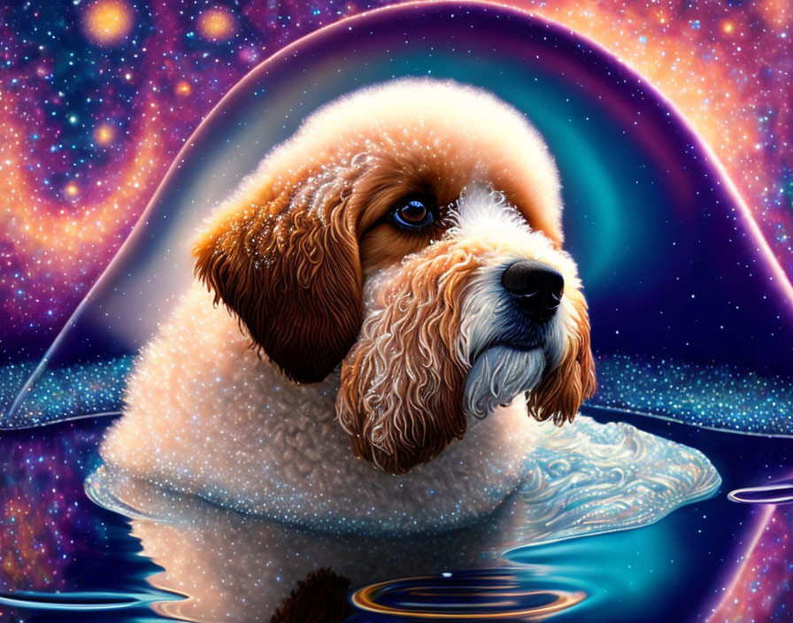 Vibrant cosmic dog head digital artwork with surreal water reflection
