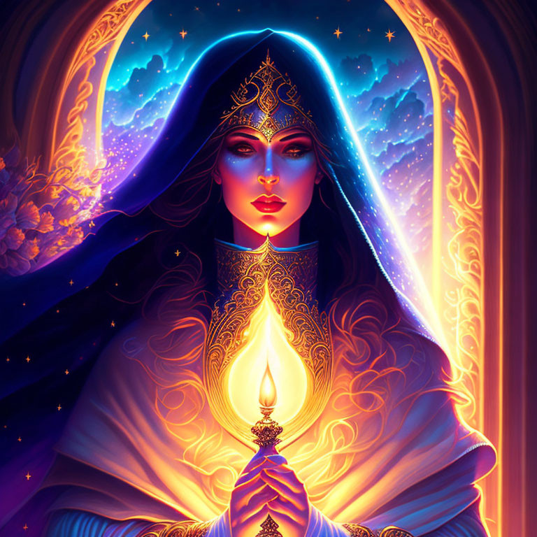 Illustration of mystical woman with ornate headdress holding glowing flame