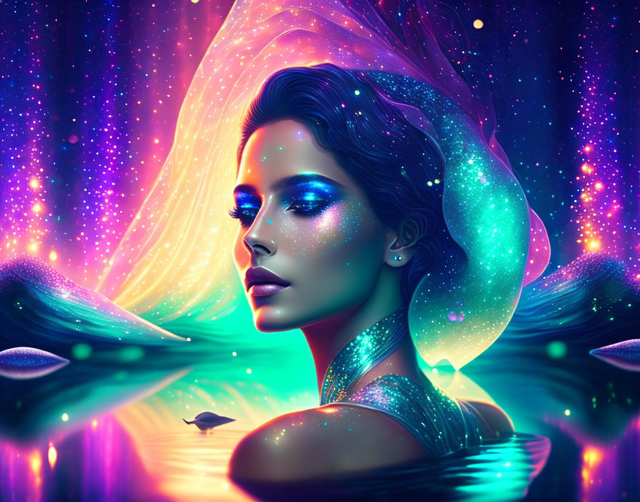Digital artwork: Glittering woman in water with cosmic backdrop