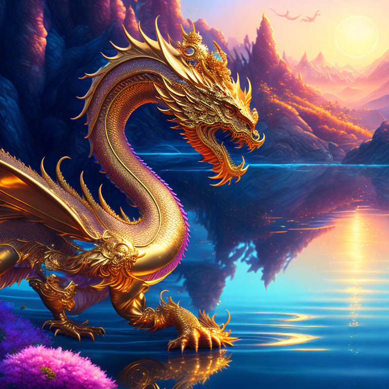 Golden dragon by calm lake with purple mountains and orange sunrise