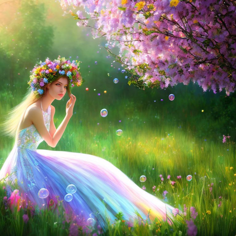 Woman in Colorful Dress Contemplating Under Blooming Tree