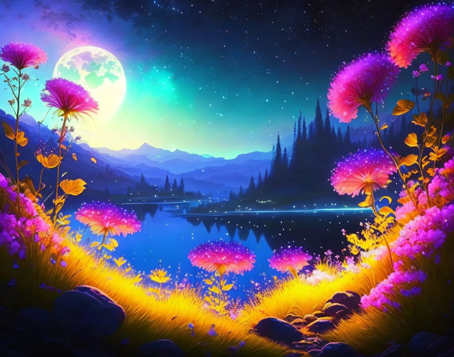 Serene lakeside night scene with luminous flowers, full moon, and silhouetted mountains