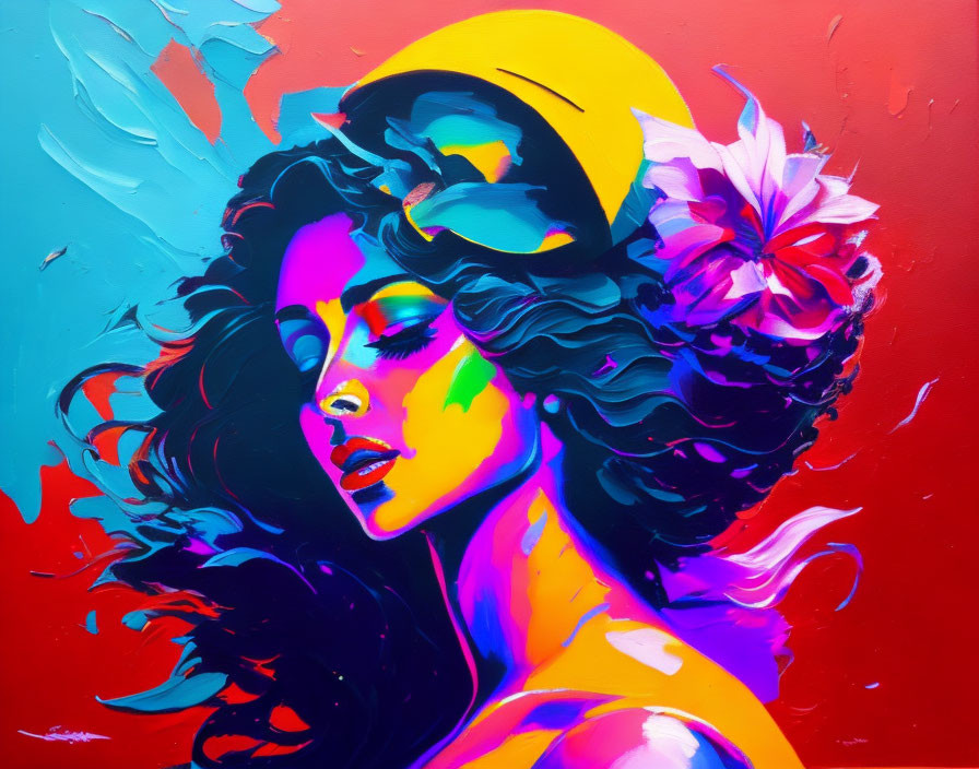 Vibrant portrait of a woman in hat with flowing hair and colorful floral accents
