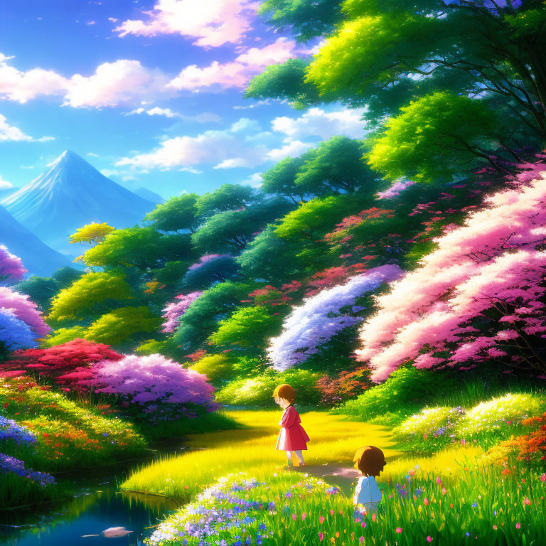 Scenic image of children in flower-filled path with mountain backdrop