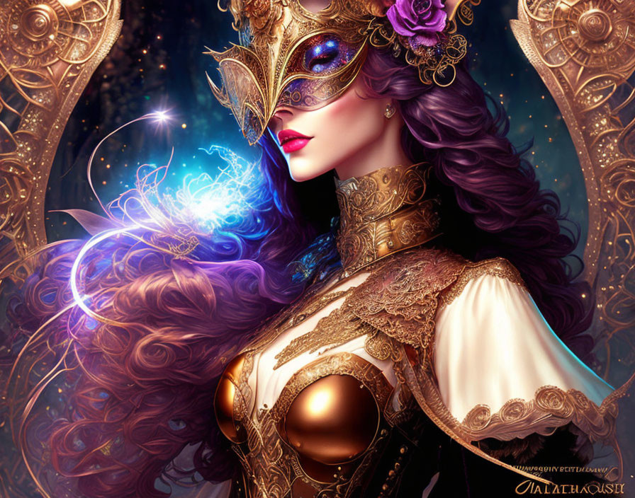 Mystical artwork featuring woman in golden masquerade mask holding blue energy orb