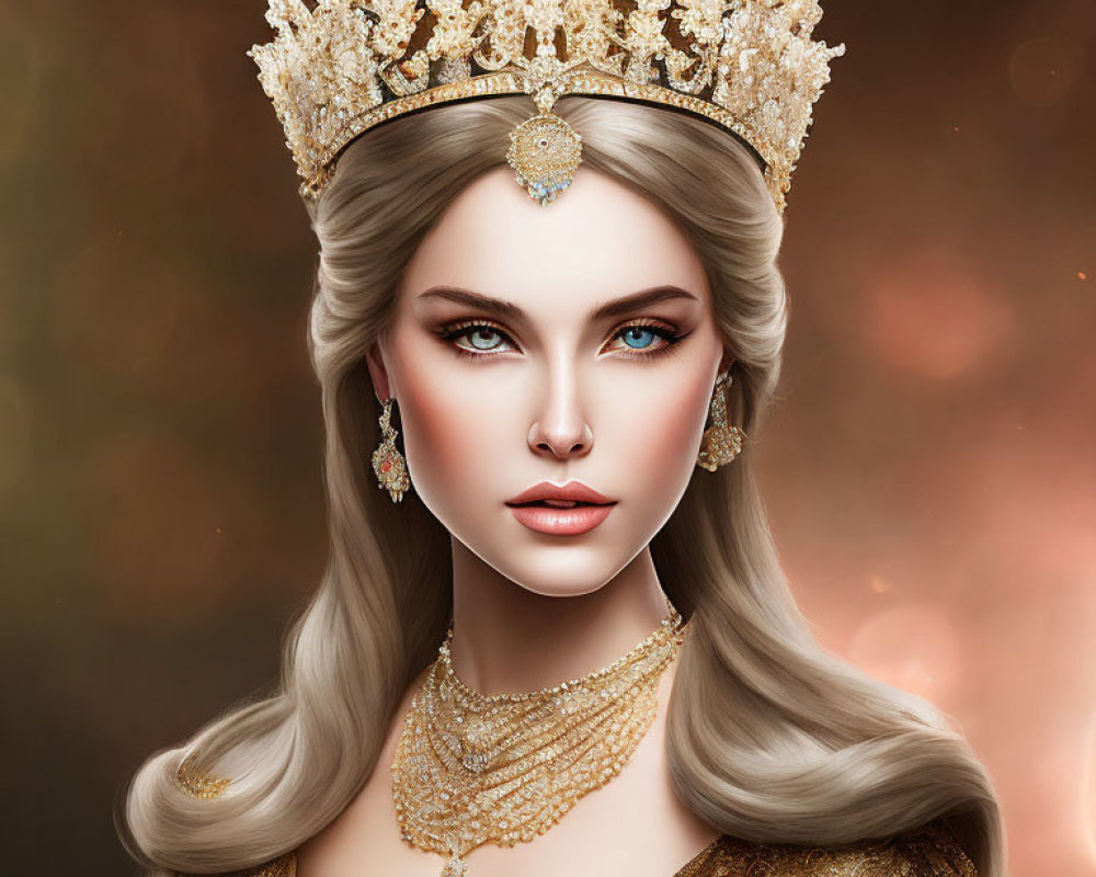 Regal woman portrait with golden crown and blue eyes