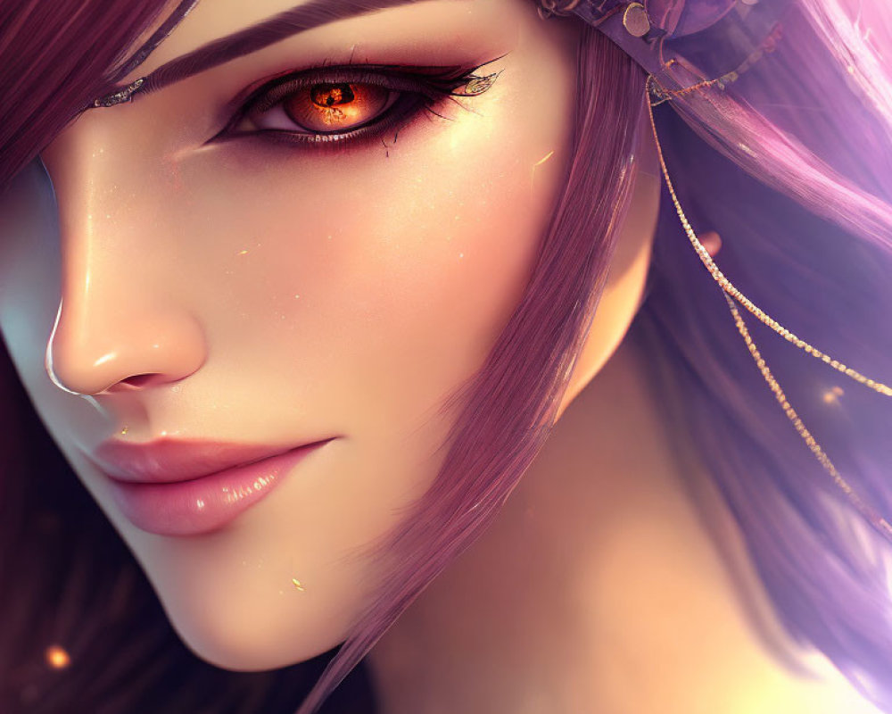 Detailed fantasy female character with red eyes, purple hair & ornate headgear