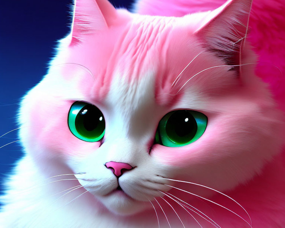 Digitally Created Pink Cat with Luminous Green Eyes on Blue Background