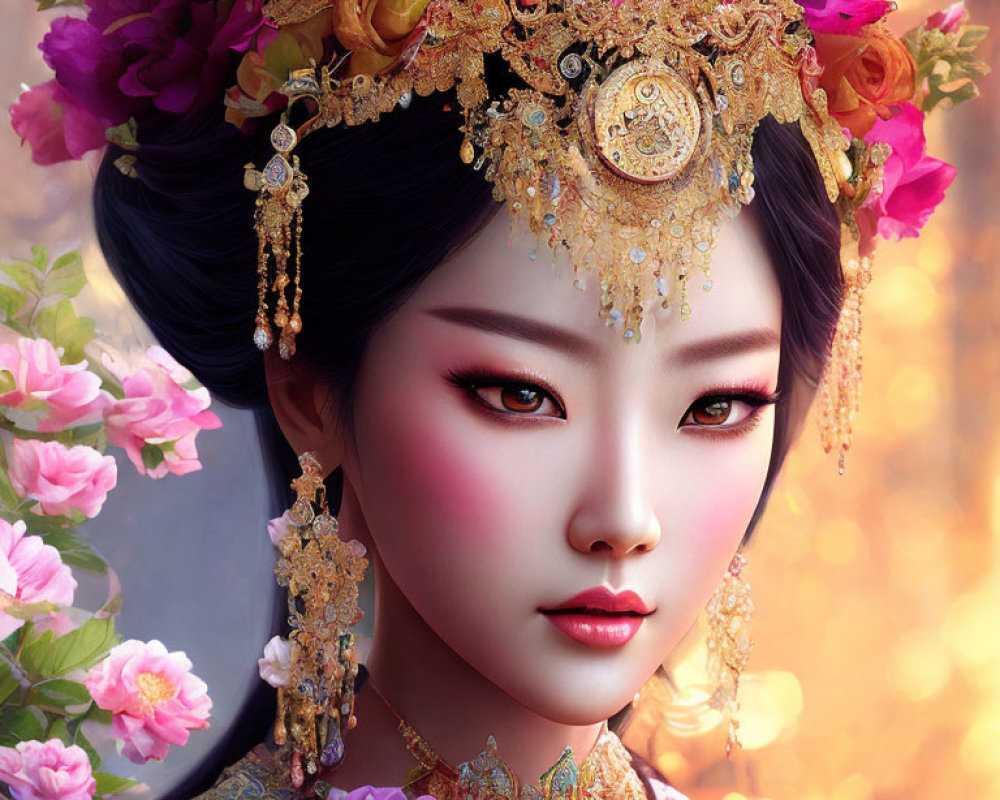 Asian woman in traditional attire with golden headpiece and flowers.