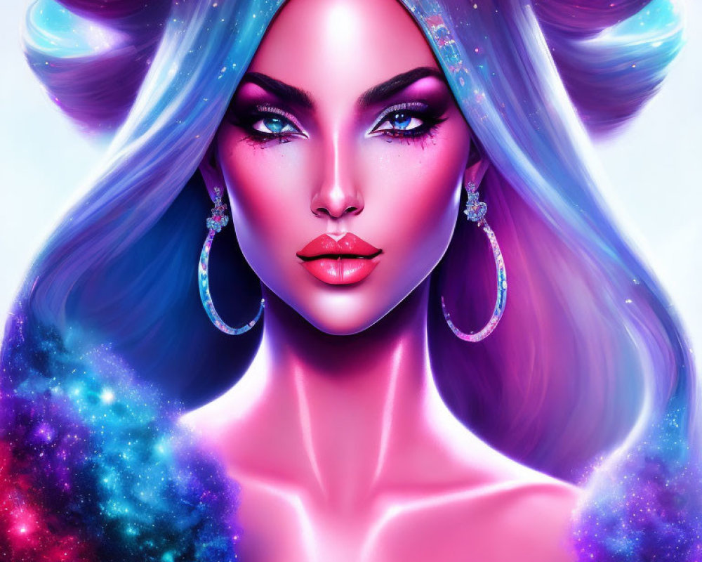 Colorful illustration of woman with blue hair and cosmic jewelry