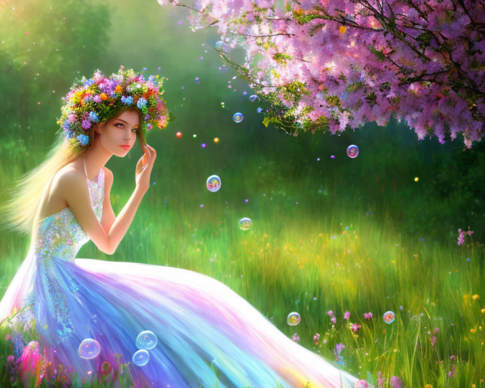 Woman in Colorful Dress Contemplating Under Blooming Tree