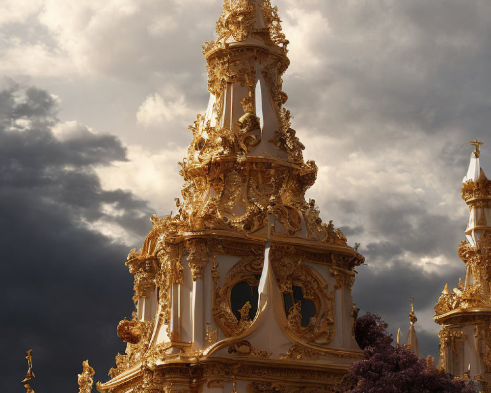 Intricate golden spire against dramatic cloudy sky