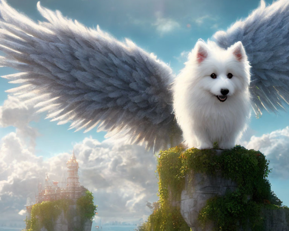 Majestic white dog with gray wings overlooking fantasy cityscape