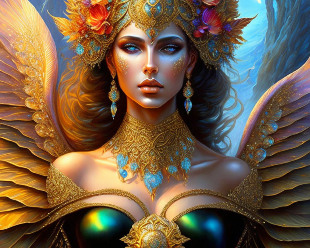 Portrait of a woman with golden feathered wings, ornate headpiece, and vibrant jewelry