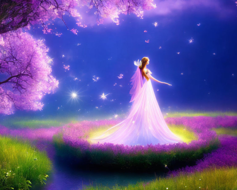 Woman in Pink Gown Amid Fantasy Landscape with Purple Flowers