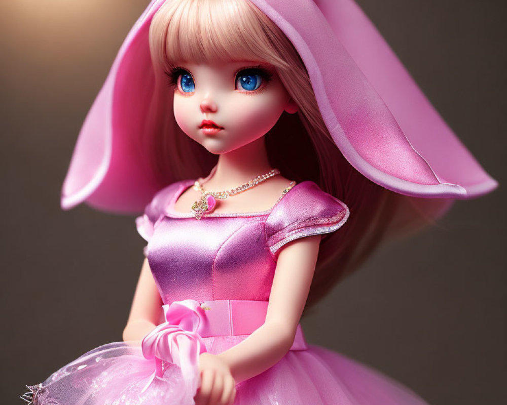 Blue-eyed doll in pink dress and bunny ears smiling softly