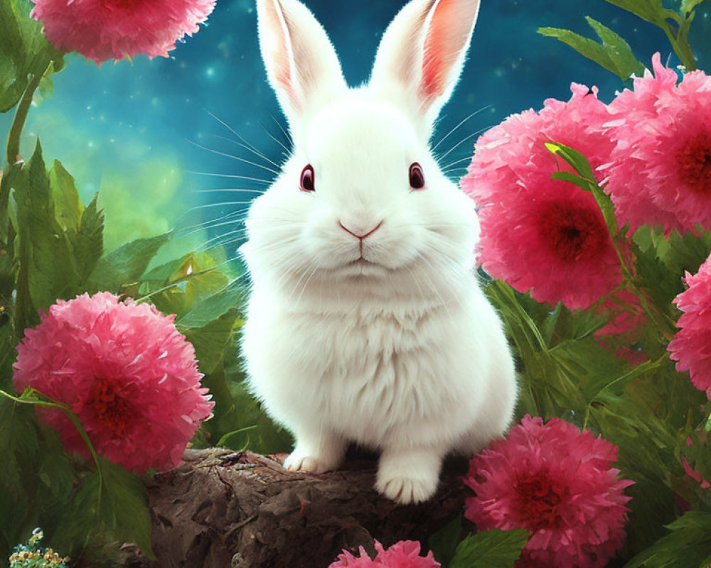 White Rabbit Sitting on Log Surrounded by Pink Flowers and Starry Sky