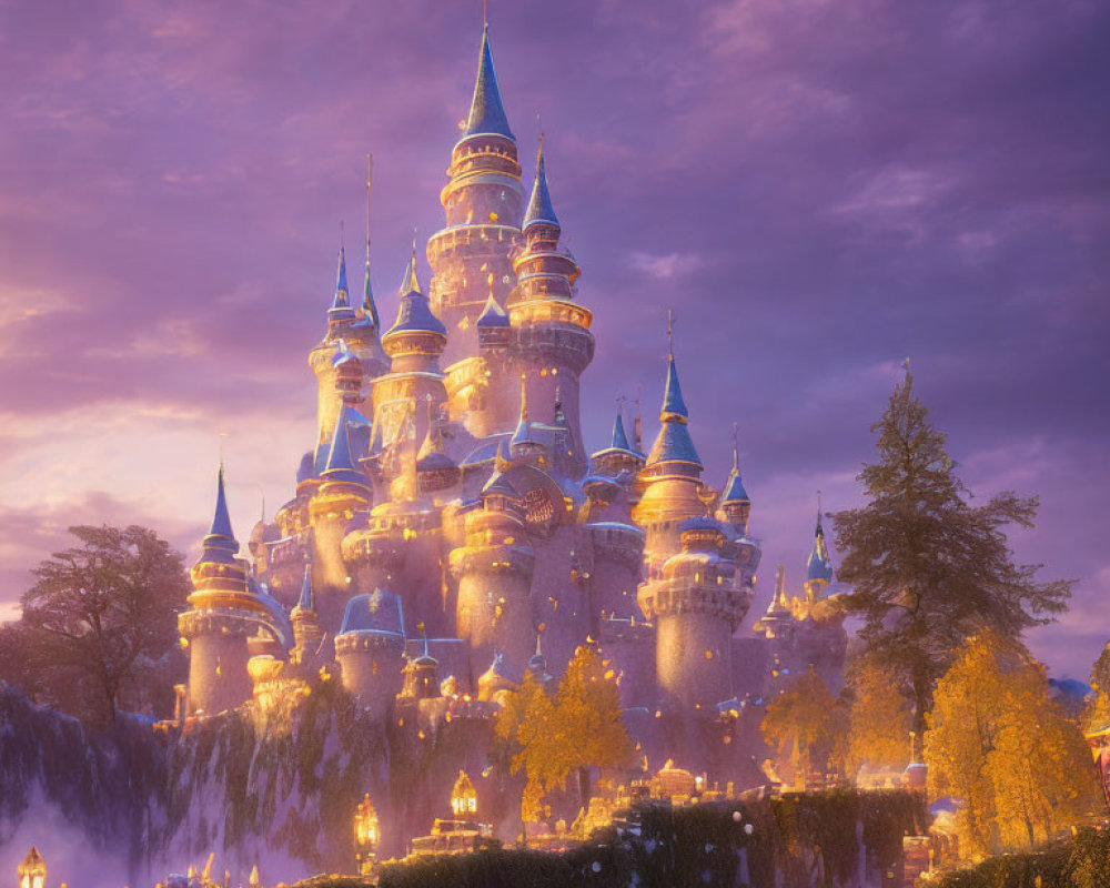Enchanting castle at twilight on snowy cliff under purple sky