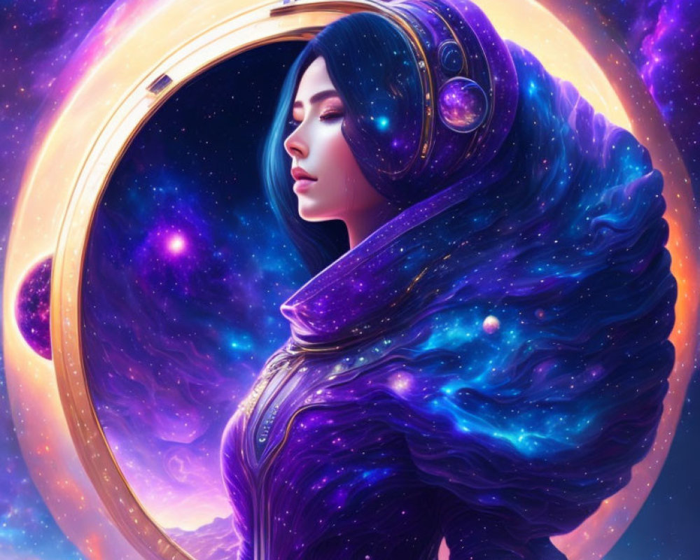 Digital artwork: Woman in space outfit with cosmic helmet in galaxy portal.