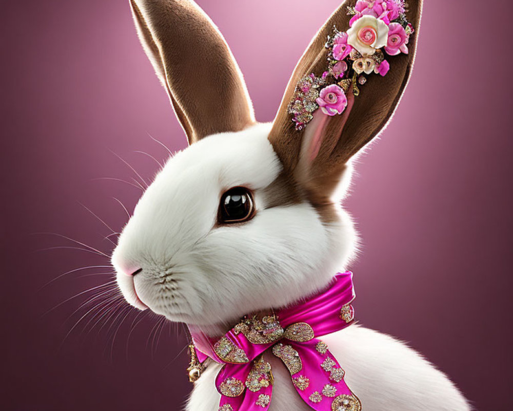 Decorated White Rabbit with Purple Bow on Purple Background
