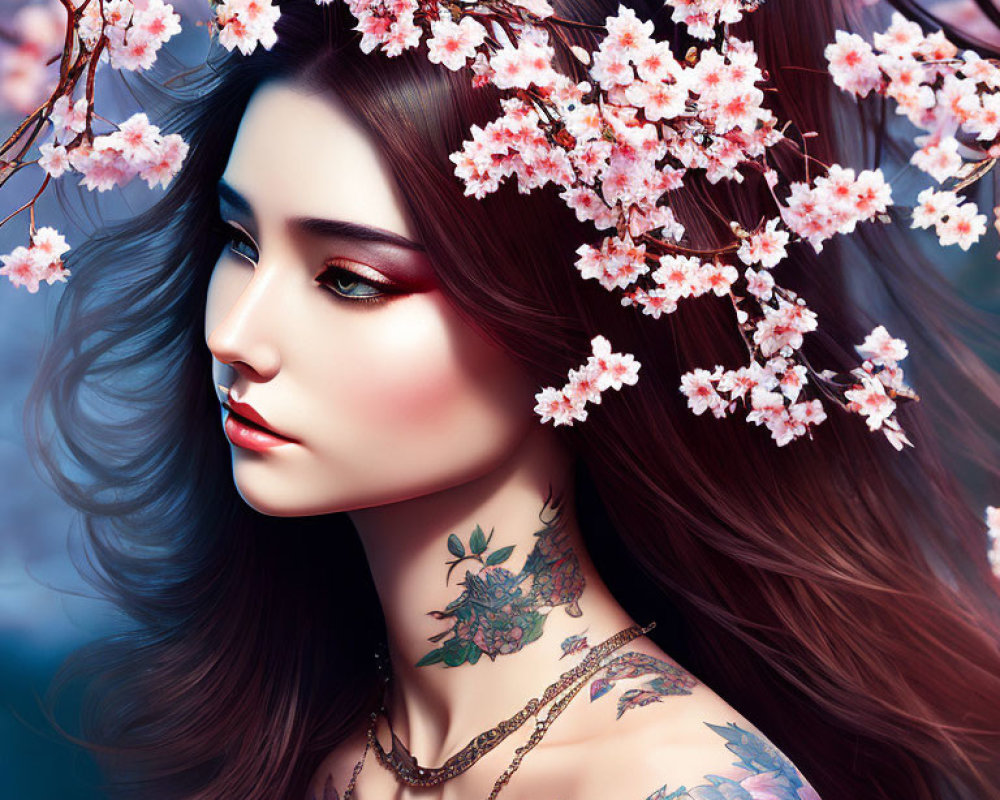 Digital artwork of woman with cherry blossoms and floral tattoos