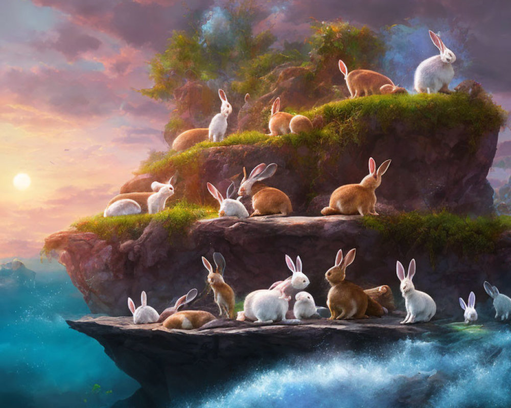 Numerous rabbits on lush floating island at sunset
