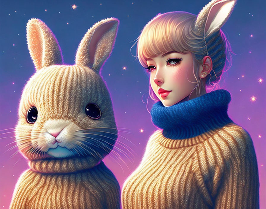 Young woman and bunny with matching sweaters in starry background