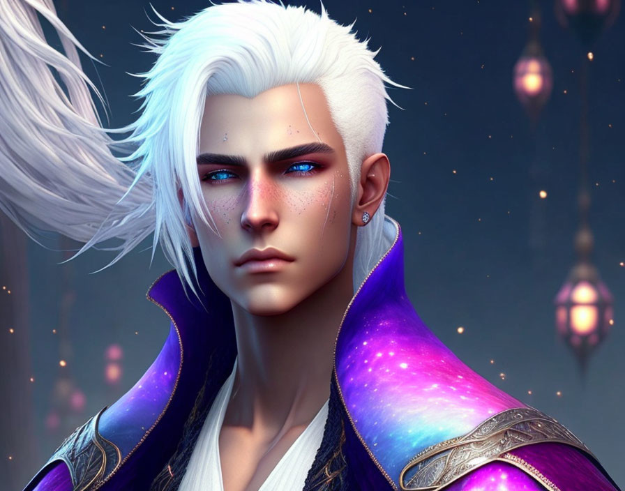 Male character with white hair and blue eyes in purple cloak under glowing lanterns
