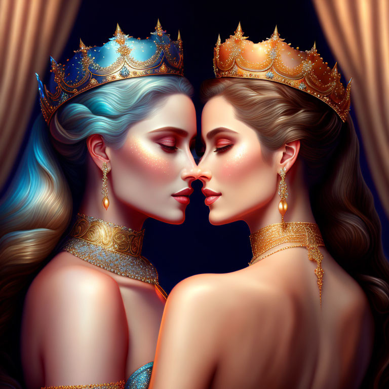 Detailed illustration of two women with crowns, jeweled accessories, styled hair, and intimate gaze against