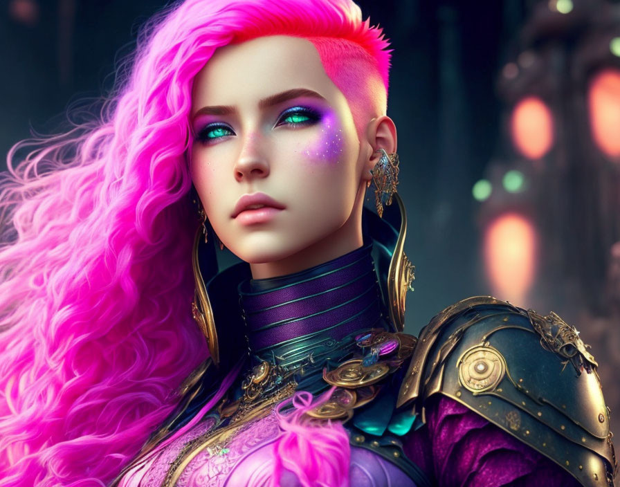 Digitally-rendered female character with pink hair and fantasy armor in vibrant image