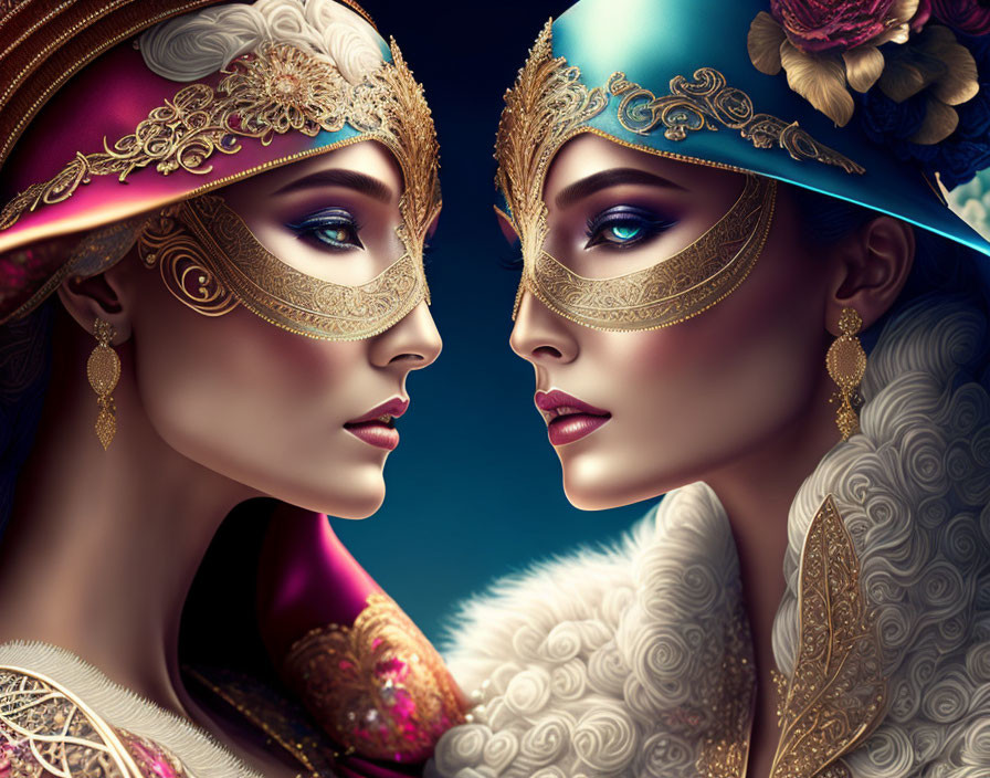 Two Women in Ornate Gold-Trimmed Costumes and Masks on Dark Background