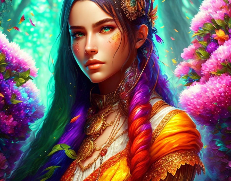 Colorful illustration of woman with blue hair, freckles, ornate attire, and rainbow b