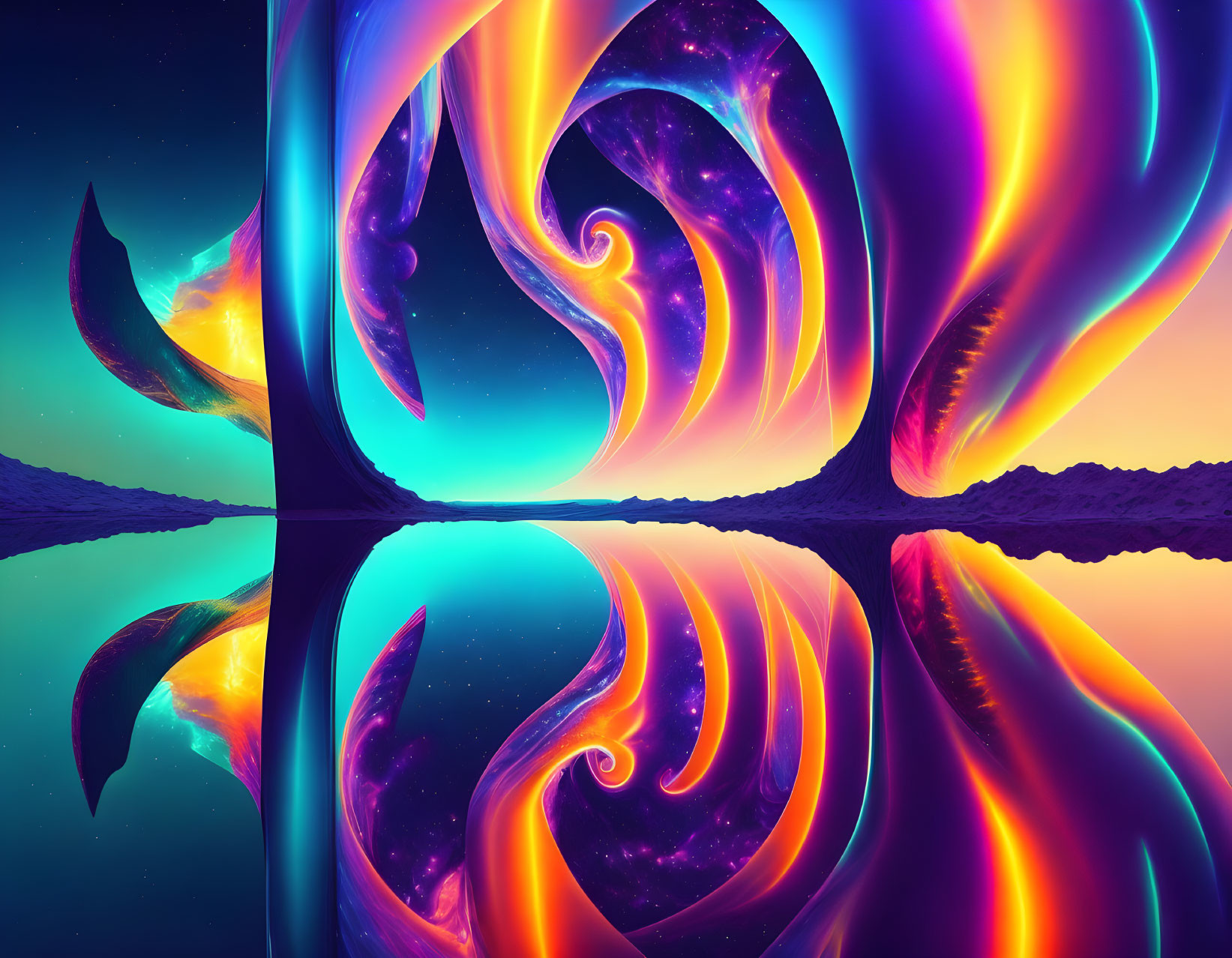 Colorful cosmic fractal art against starry night sky