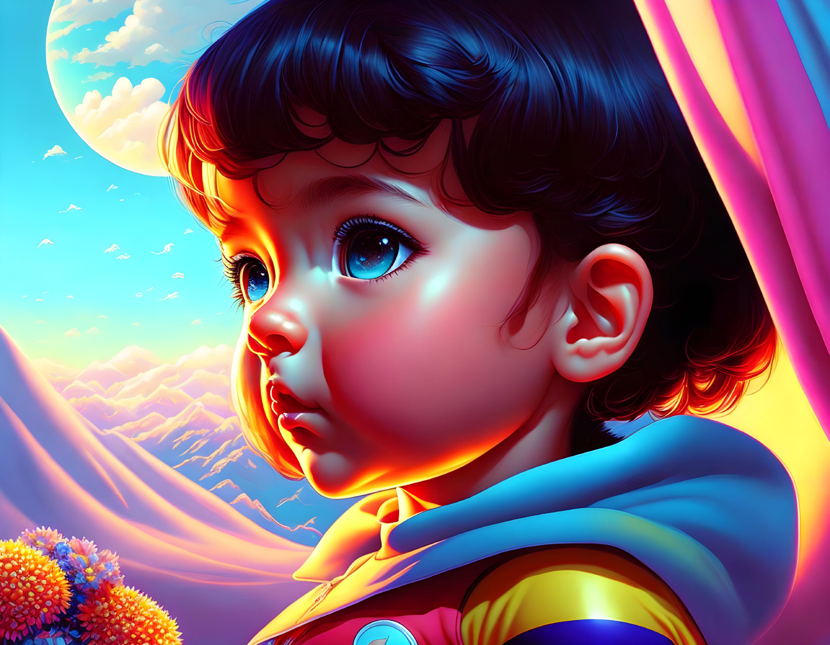 Colorful Toddler Artwork with Expressive Eyes and Scenic Background