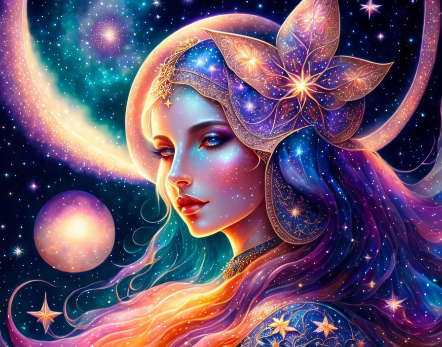 Colorful celestial woman with butterfly headpiece and star background